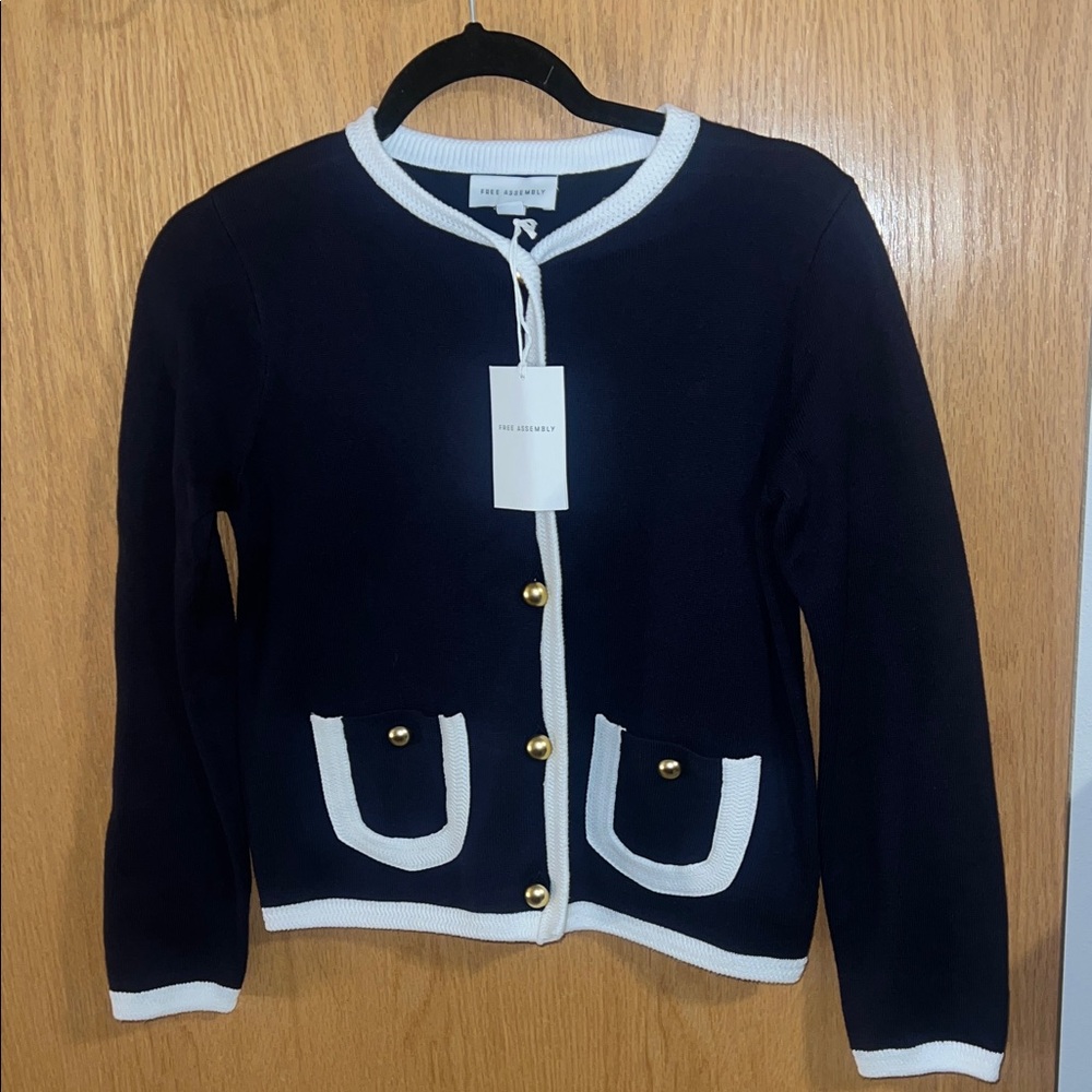 Navy Blue Cardigan with White Trim